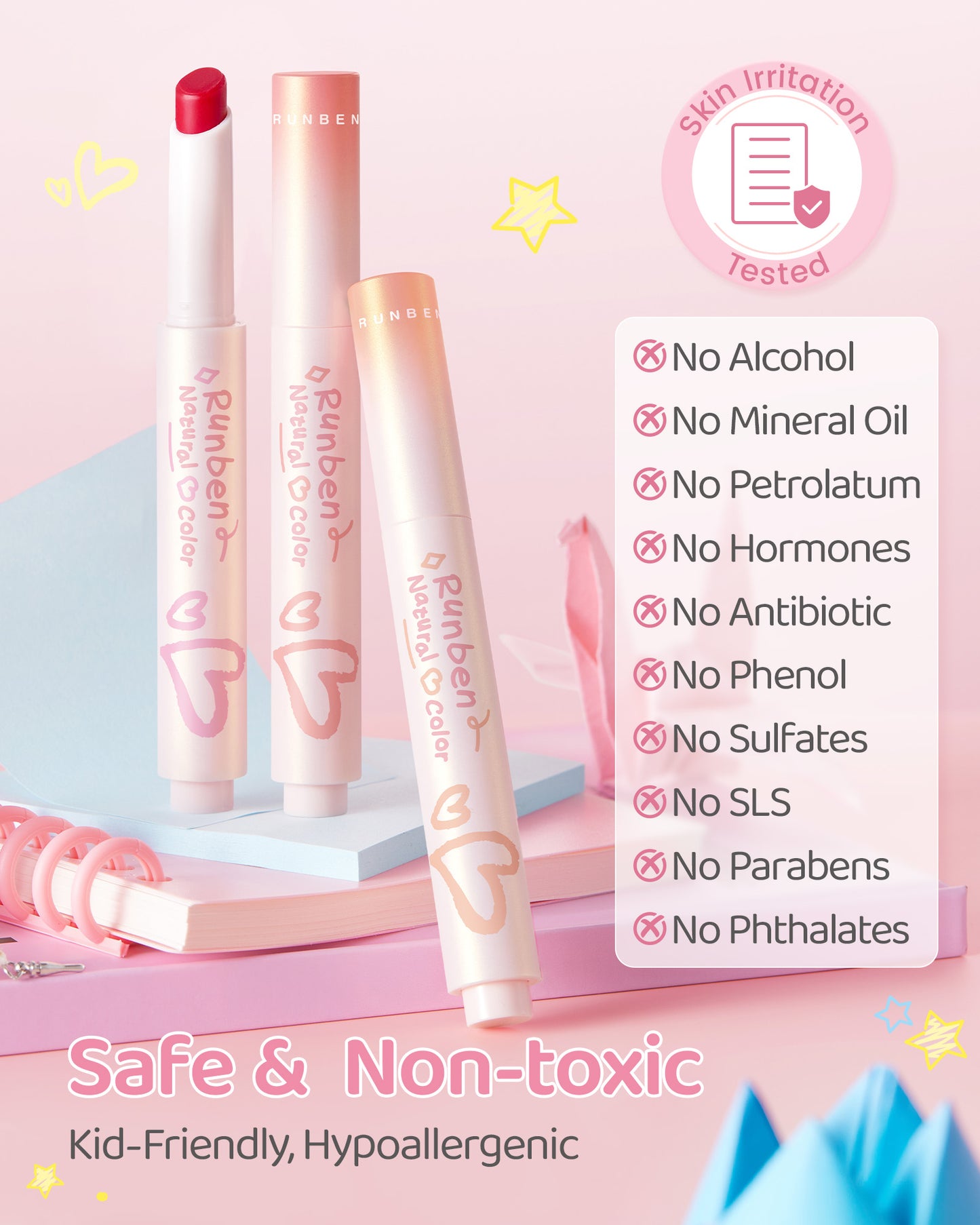 RUNBEN Kids Tinted Lip Balm,  Lips Gloss for Girls, 24H Moisturizing, Safe & Non-toxic Lipstick for Kids & Teen
