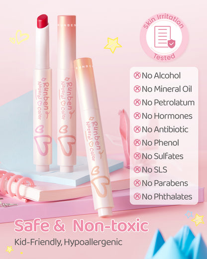 RUNBEN Kids Tinted Lip Balm,  Lips Gloss for Girls, 24H Moisturizing, Safe & Non-toxic Lipstick for Kids & Teen
