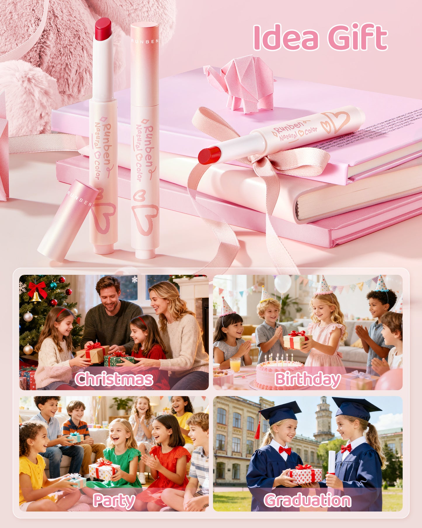 RUNBEN Kids Tinted Lip Balm,  Lips Gloss for Girls, 24H Moisturizing, Safe & Non-toxic Lipstick for Kids & Teen