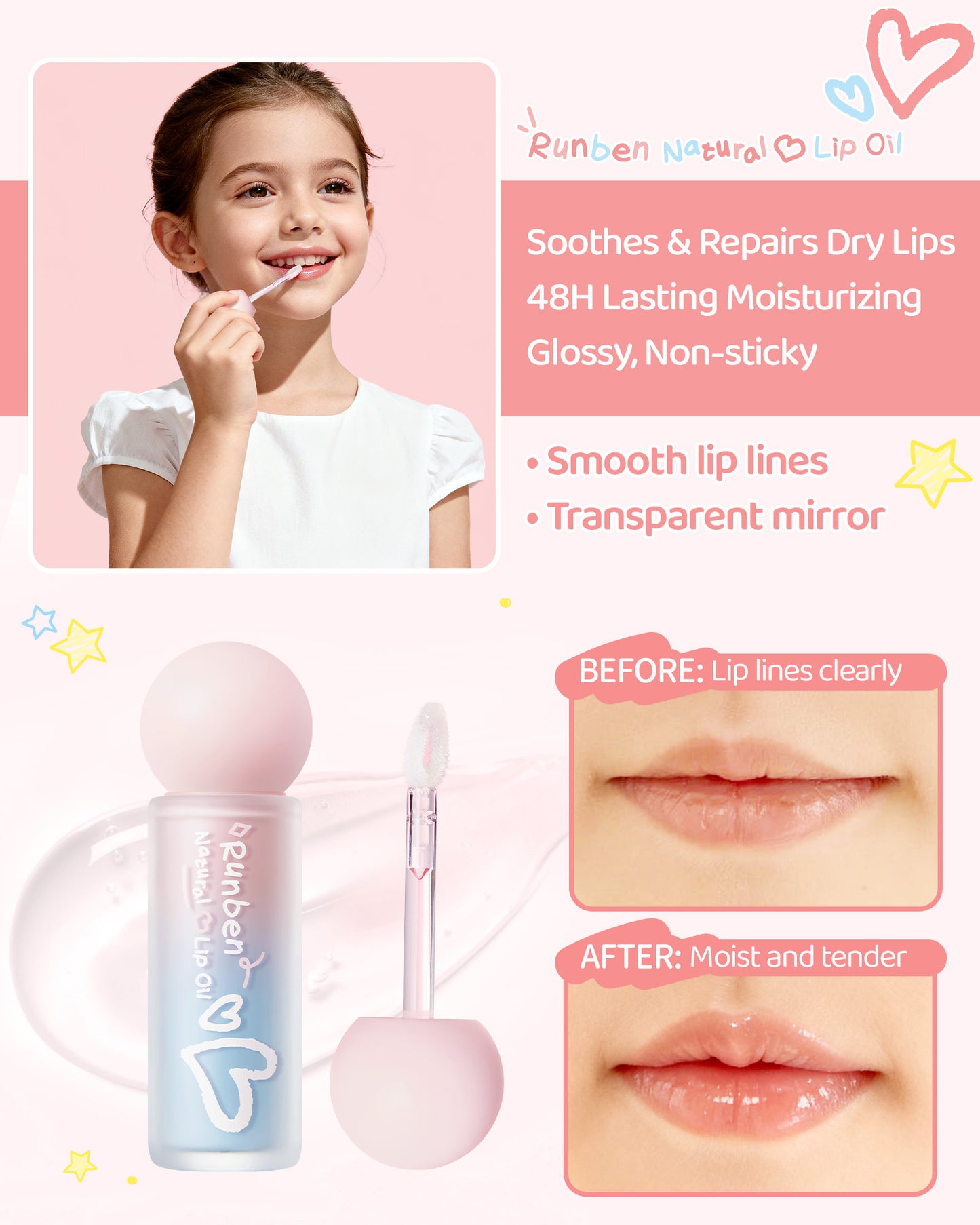 RUNBEN Kids Tinted Lip Oil, 48H Lasting Moisturizing, Glossy Lip Glow Oil, Safe & Non-toxic Makeup for Girls & Teen