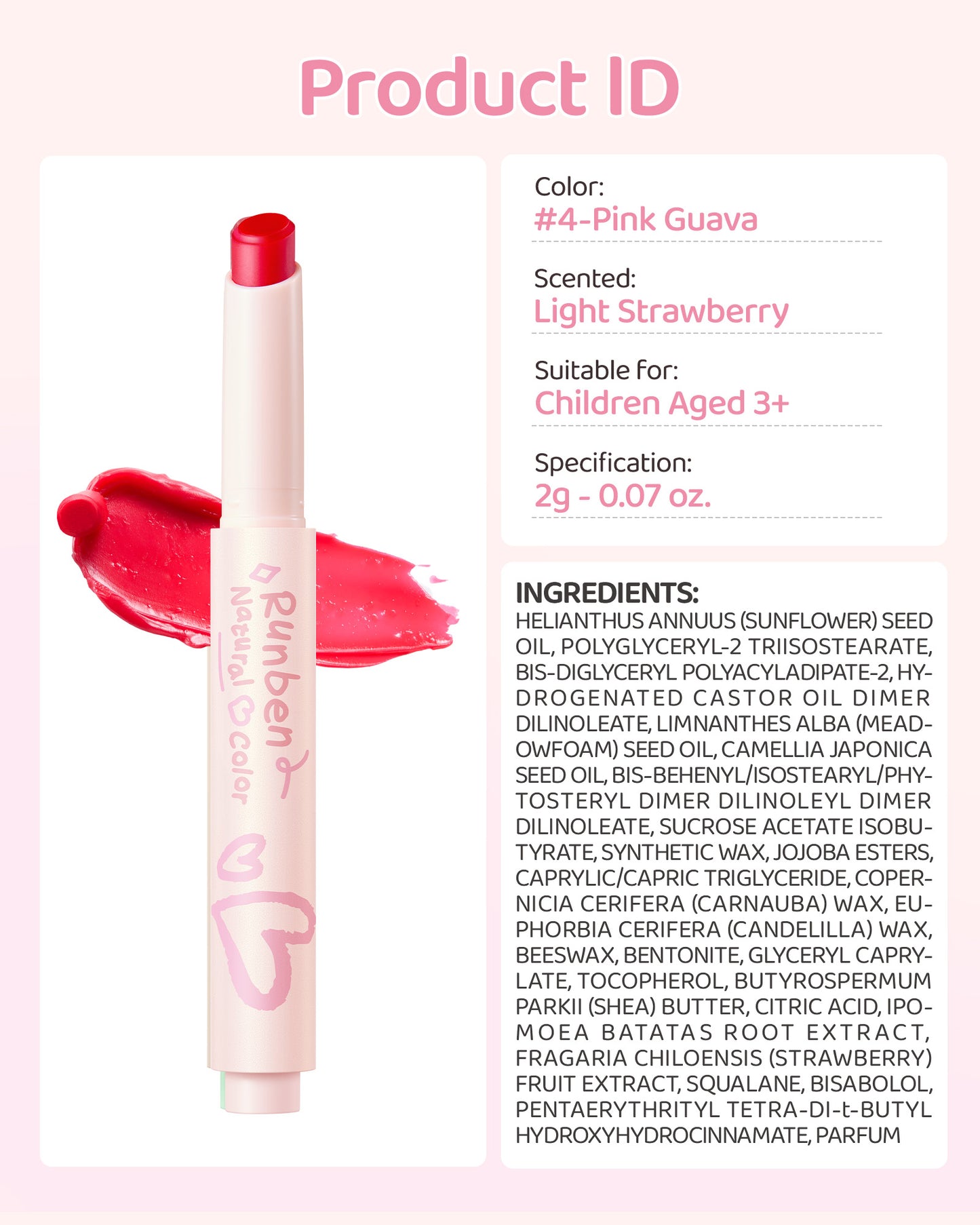 RUNBEN Kids Tinted Lip Balm,  Lips Gloss for Girls, 24H Moisturizing, Safe & Non-toxic Lipstick for Kids & Teen