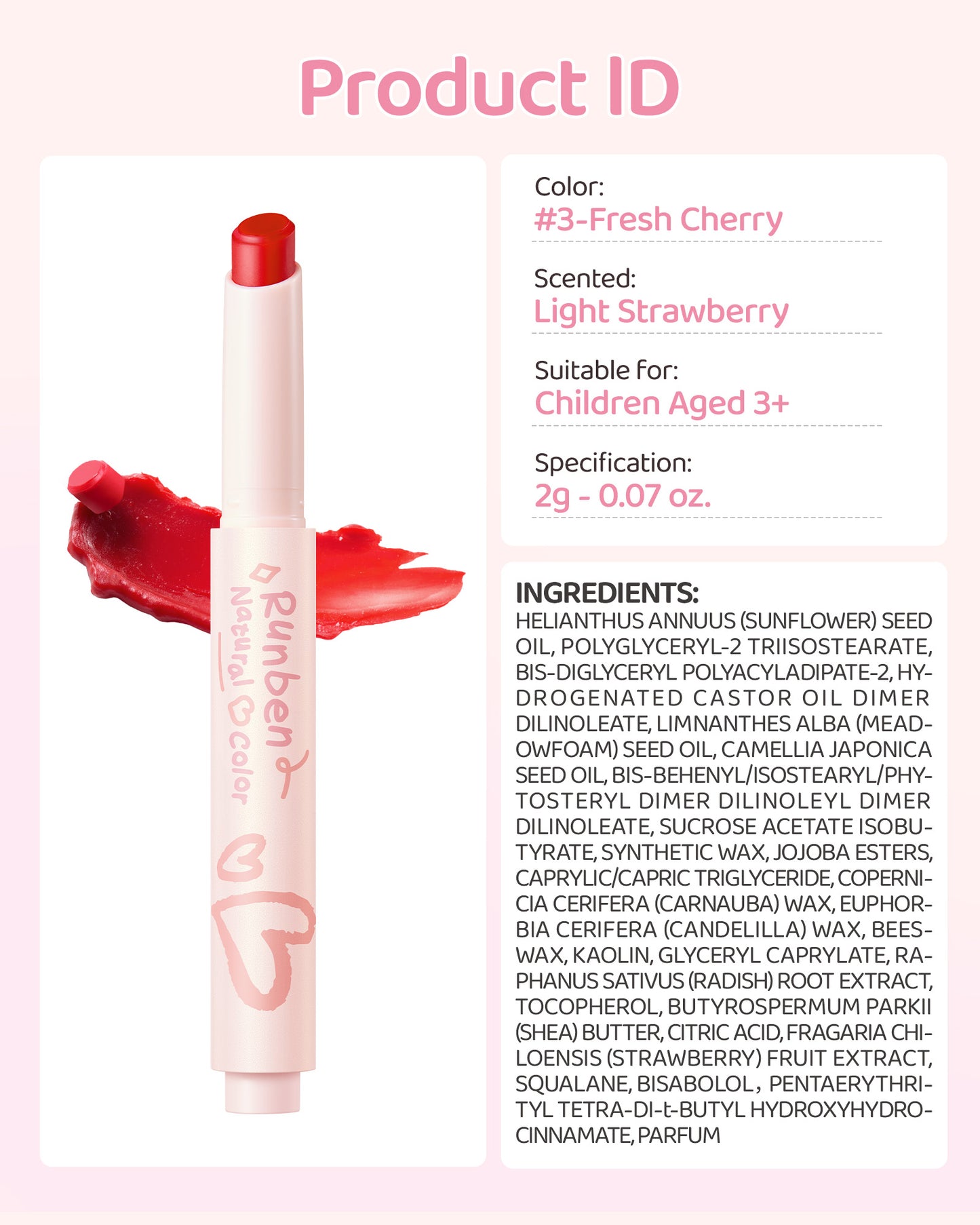 RUNBEN Kids Tinted Lip Balm,  Lips Gloss for Girls, 24H Moisturizing, Safe & Non-toxic Lipstick for Kids & Teen