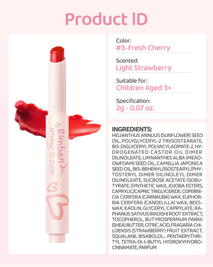 RUNBEN Kids Tinted Lip Balm,  Lips Gloss for Girls, 24H Moisturizing, Safe & Non-toxic Lipstick for Kids & Teen