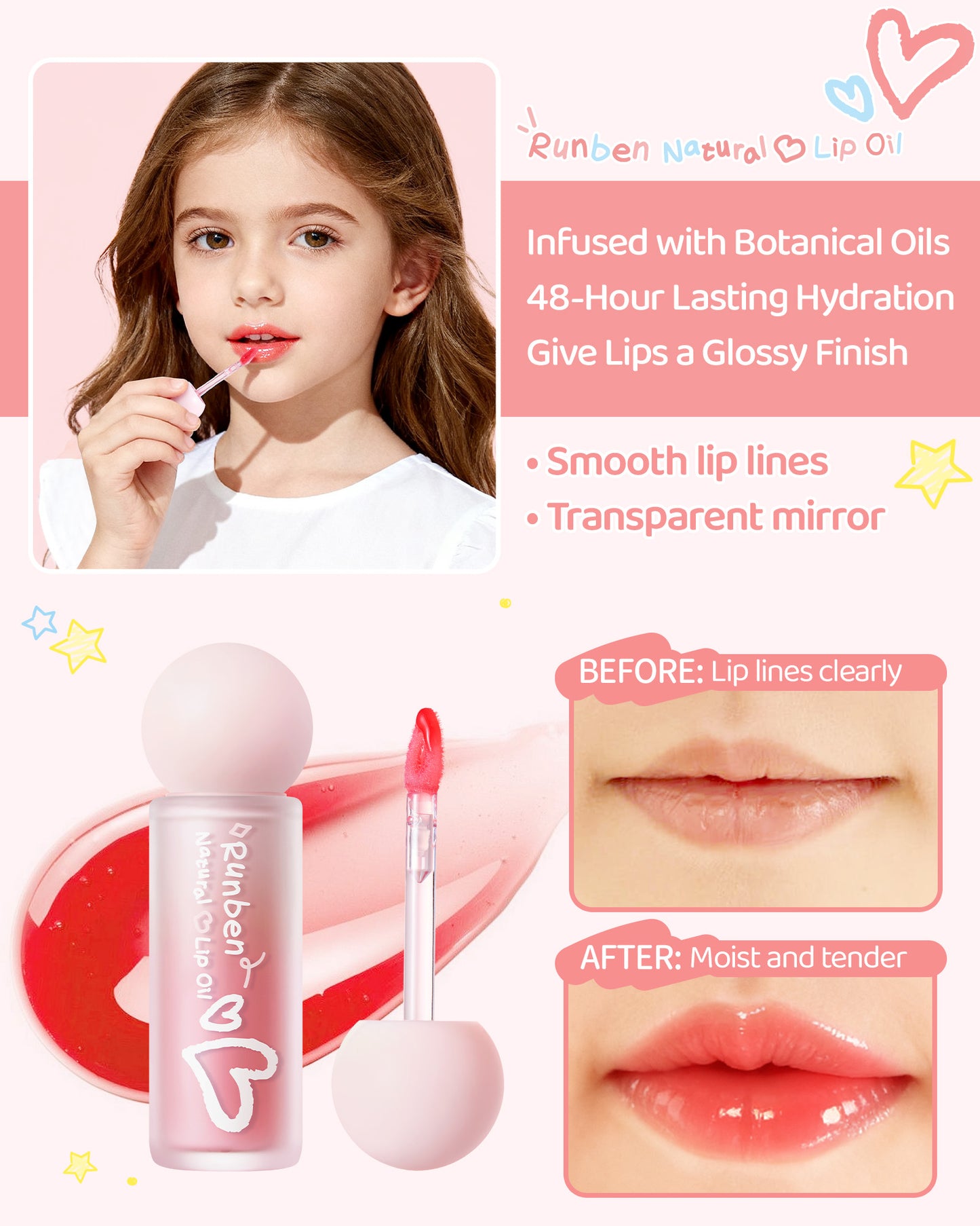 RUNBEN Kids Tinted Lip Oil, 48H Lasting Moisturizing, Glossy Lip Glow Oil, Safe & Non-toxic Makeup for Girls & Teen