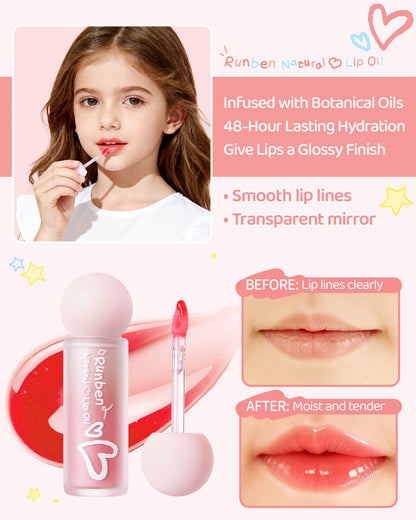 RUNBEN Kids Tinted Lip Oil, 48H Lasting Moisturizing, Glossy Lip Glow Oil, Safe & Non-toxic Makeup for Girls & Teen
