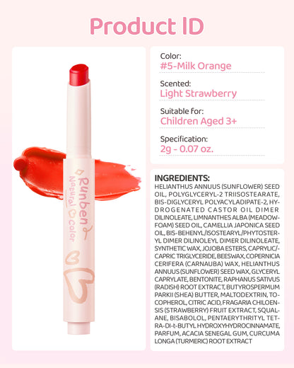 RUNBEN Kids Tinted Lip Balm,  Lips Gloss for Girls, 24H Moisturizing, Safe & Non-toxic Lipstick for Kids & Teen