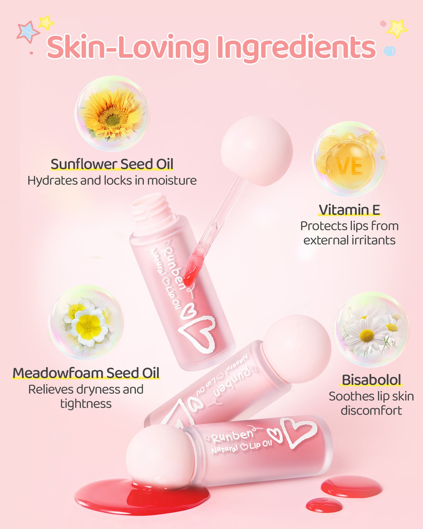 RUNBEN Kids Tinted Lip Oil, 48H Lasting Moisturizing, Glossy Lip Glow Oil, Safe & Non-toxic Makeup for Girls & Teen