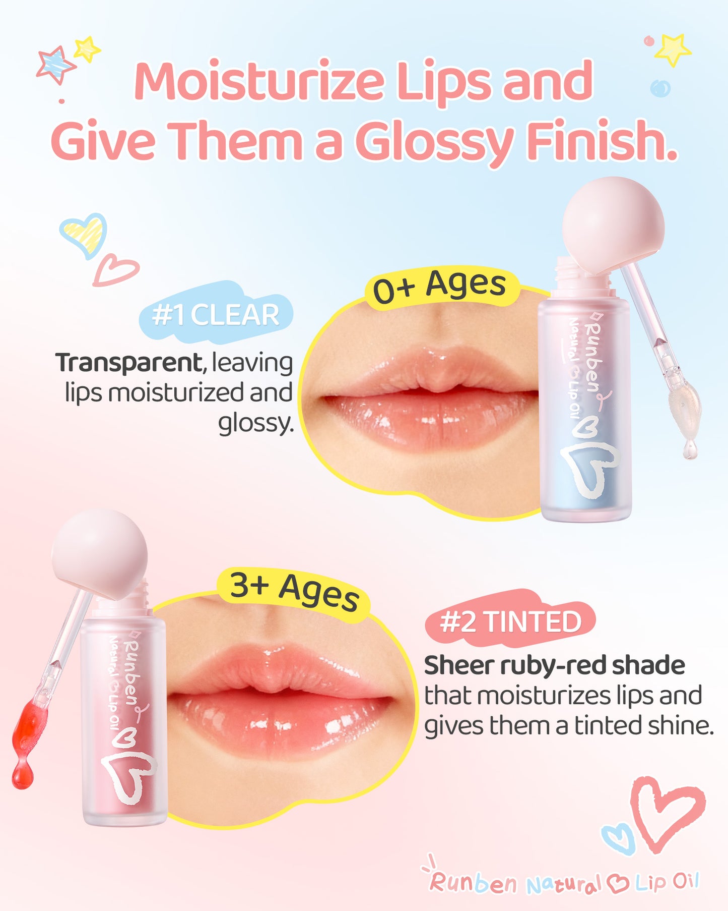RUNBEN Kids Tinted Lip Oil, 48H Lasting Moisturizing, Glossy Lip Glow Oil, Safe & Non-toxic Makeup for Girls & Teen