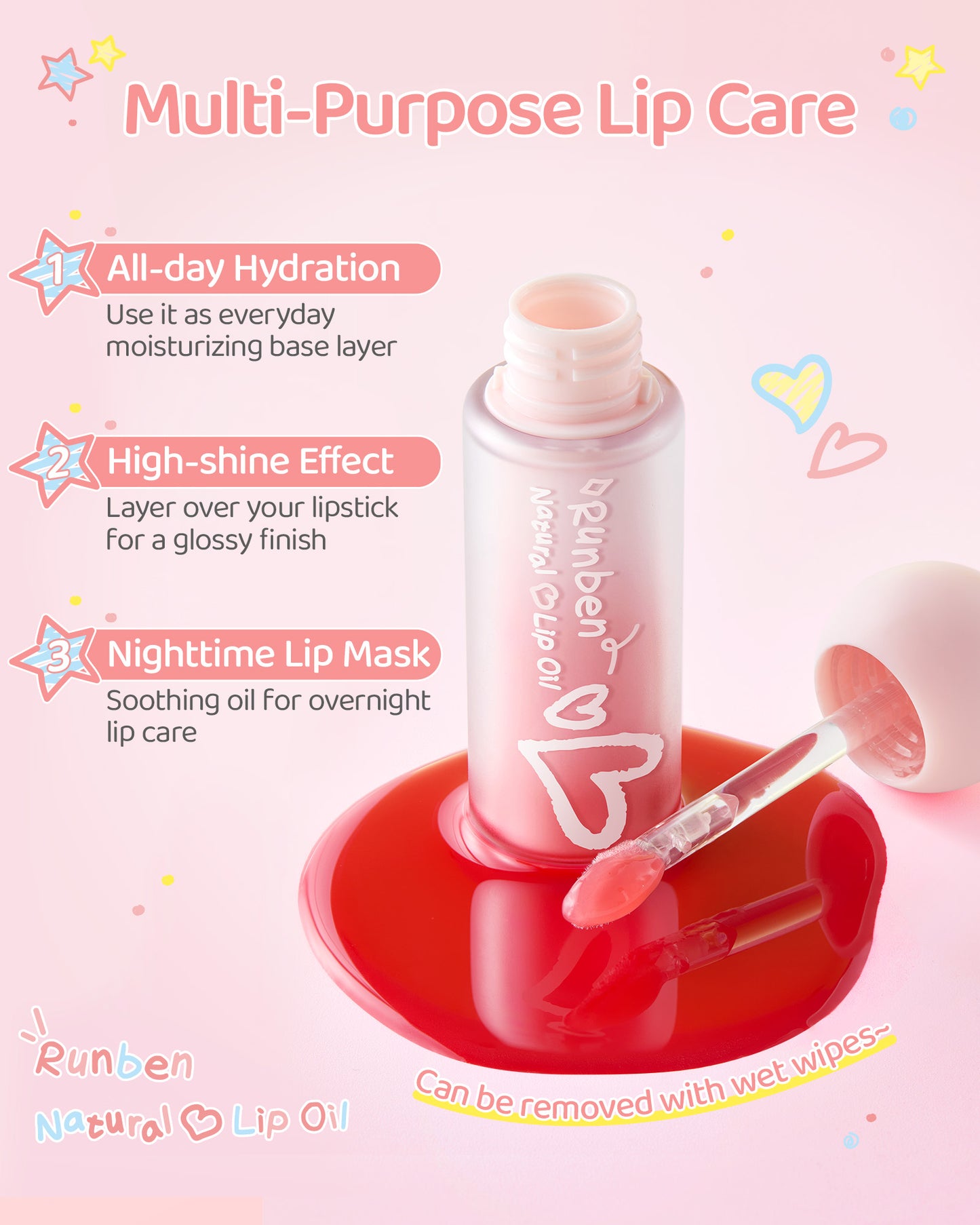 RUNBEN Kids Tinted Lip Oil, 48H Lasting Moisturizing, Glossy Lip Glow Oil, Safe & Non-toxic Makeup for Girls & Teen