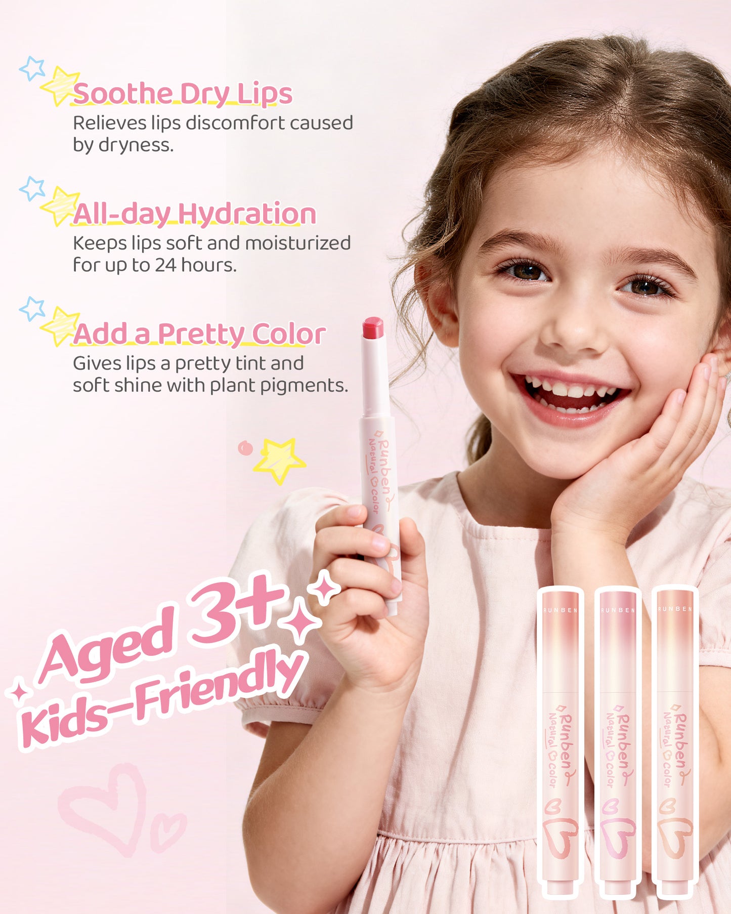 RUNBEN Kids Tinted Lip Balm,  Lips Gloss for Girls, 24H Moisturizing, Safe & Non-toxic Lipstick for Kids & Teen