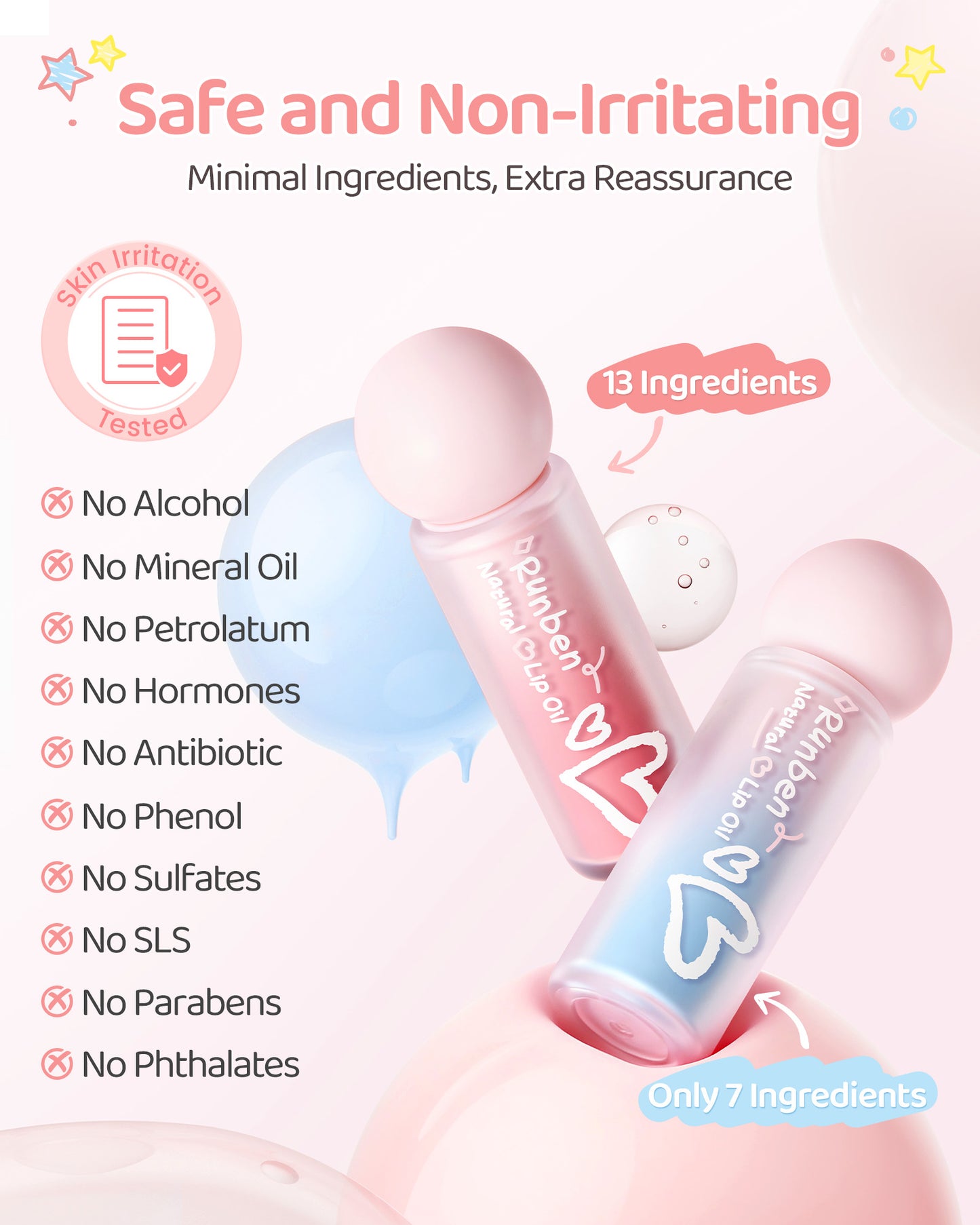 RUNBEN Kids Tinted Lip Oil, 48H Lasting Moisturizing, Glossy Lip Glow Oil, Safe & Non-toxic Makeup for Girls & Teen