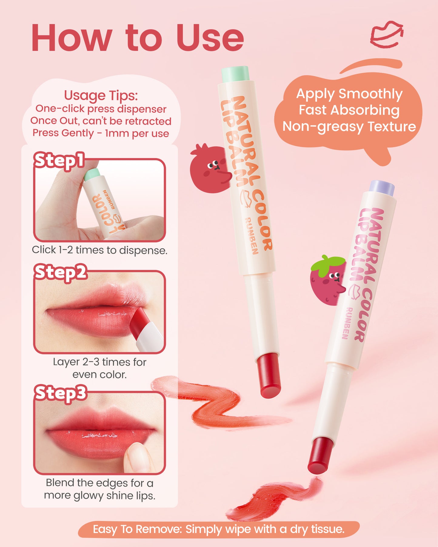 RUNBEN Kids Tinted Lip Balm - Juicy Pomegranate