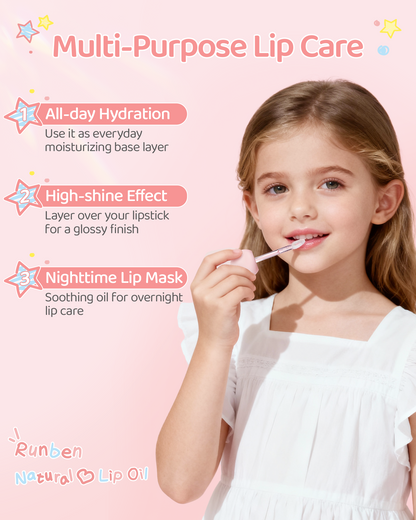 RUNBEN Kids Tinted Lip Oil, 48H Lasting Moisturizing, Glossy Lip Glow Oil, Safe & Non-toxic Makeup for Girls & Teen