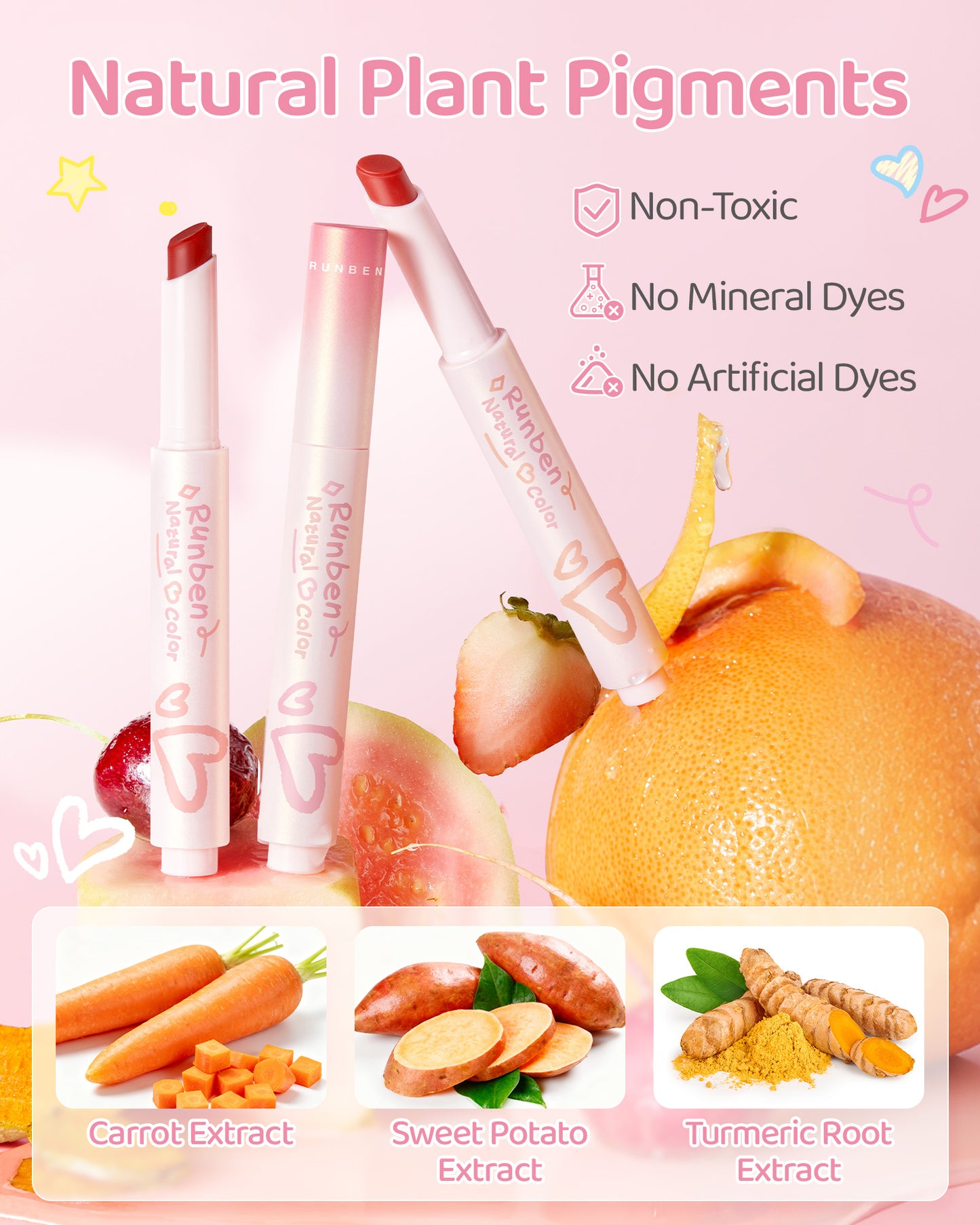 RUNBEN Kids Tinted Lip Balm,  Lips Gloss for Girls, 24H Moisturizing, Safe & Non-toxic Lipstick for Kids & Teen